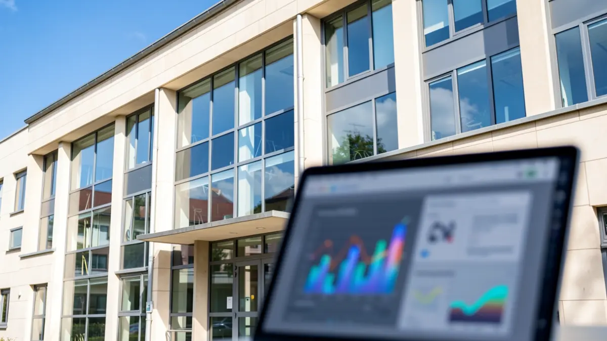 Imagen genérica de fachada universitaria con ventanas grandes y un portátil desenfocado mostrando datos.
