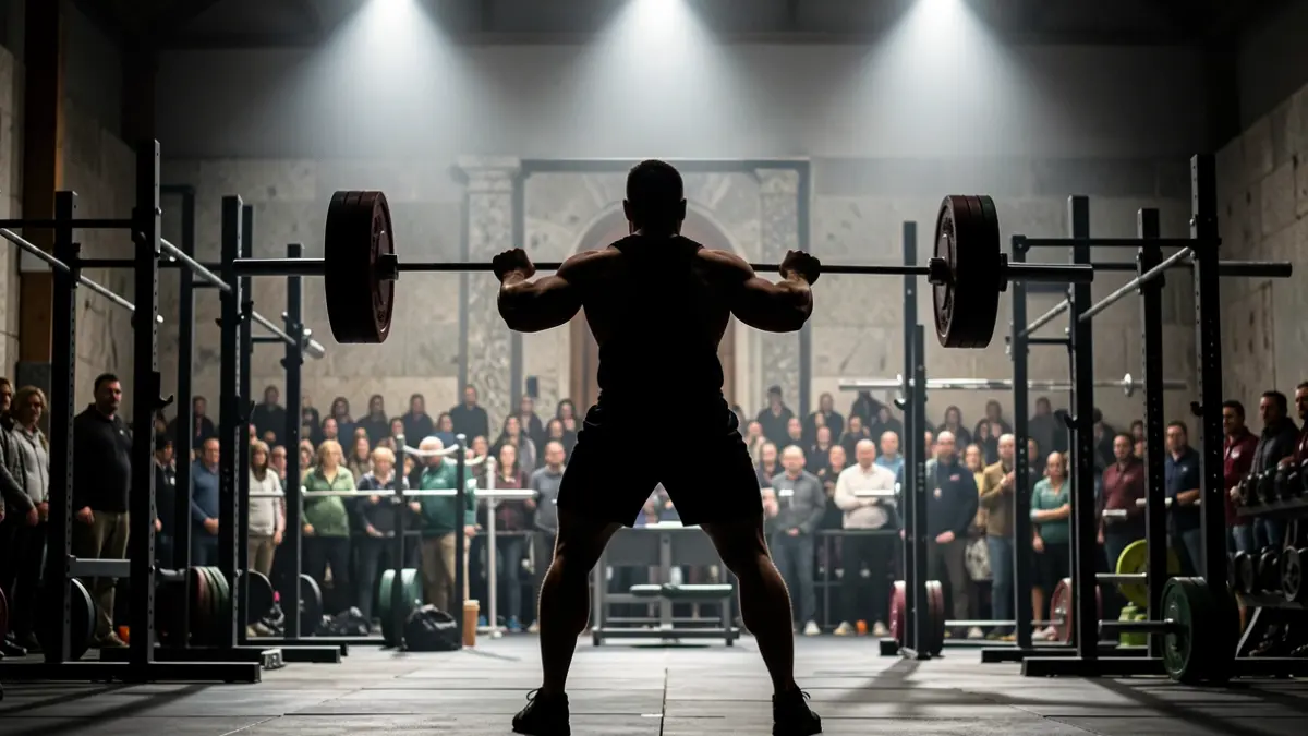 Imagen de un levantador de pesas en silueta en un gimnasio, con focos de luz.