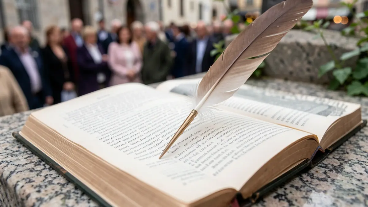 Imagen genérica de un libro de poesía con una pluma reposando sobre sus páginas.