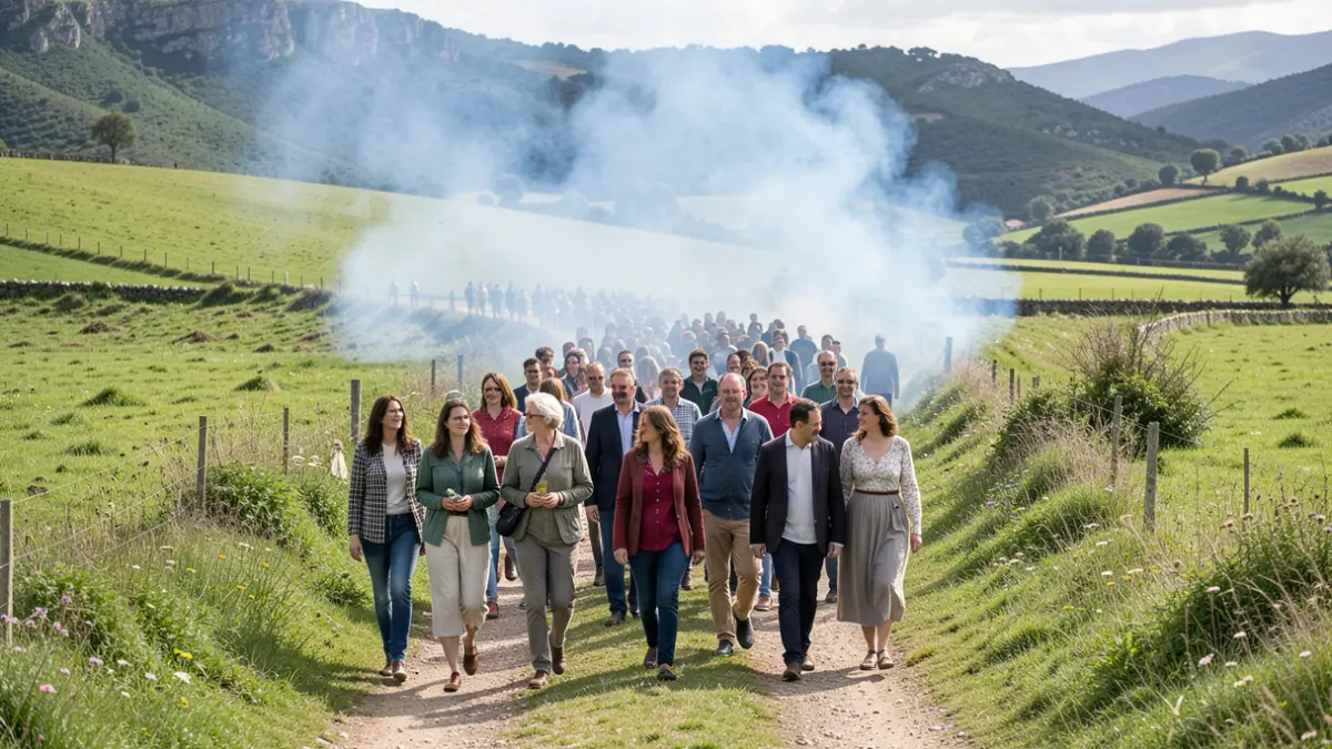 Imagen genérica de un grupo de personas caminando por un sendero en un paisaje gallego.