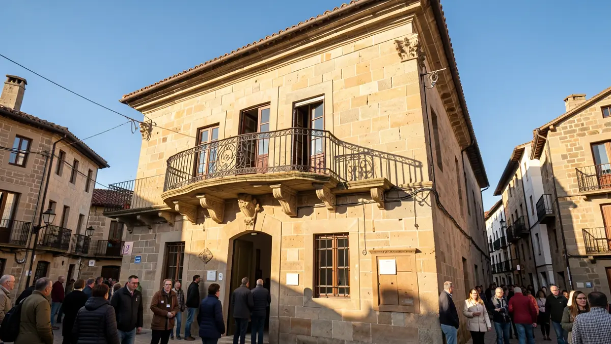 Imagen genérica de la fachada de un ayuntamiento de piedra gallego con balcón ornamentado y barandilla de hierro, a la luz de la tarde.
