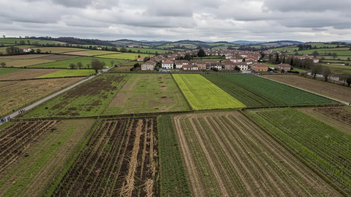 Vista aérea de campos de cultivo en Galicia, algúns con signos de abandono e outros en produción activa, cun pequeno pobo rural ao fondo baixo un ceo nubrado.