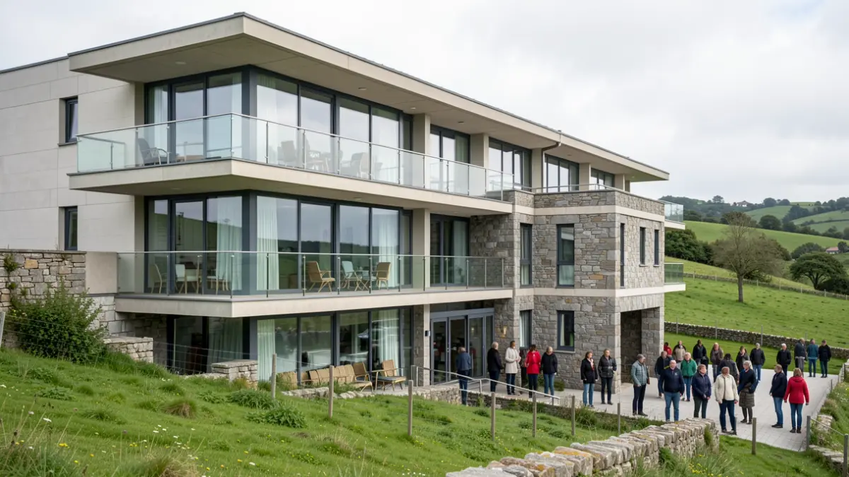Imagen genérica de un edificio de residencia para mayores en un entorno rural gallego.