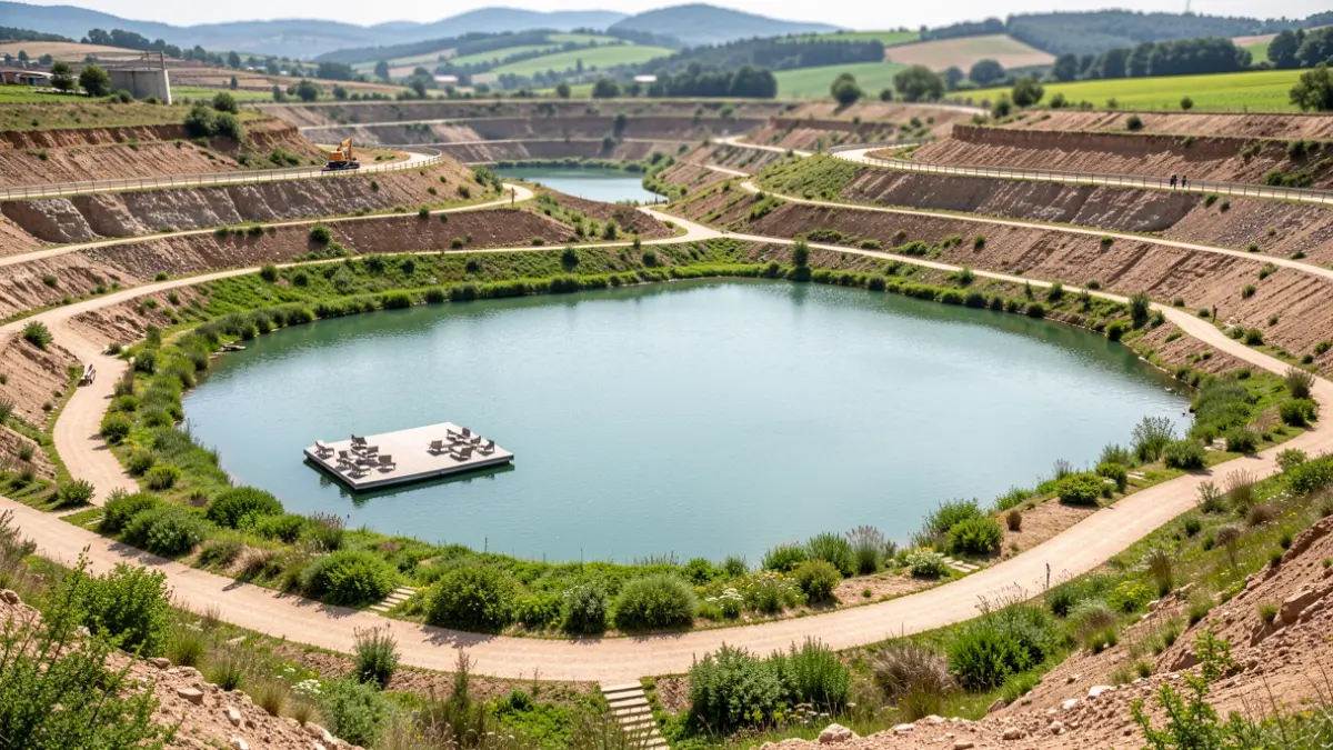 Panorámica de dous grandes lagos artificiais, antigas canteiras de arxila, hoxe rexenerados con vexetación e sendeiros.