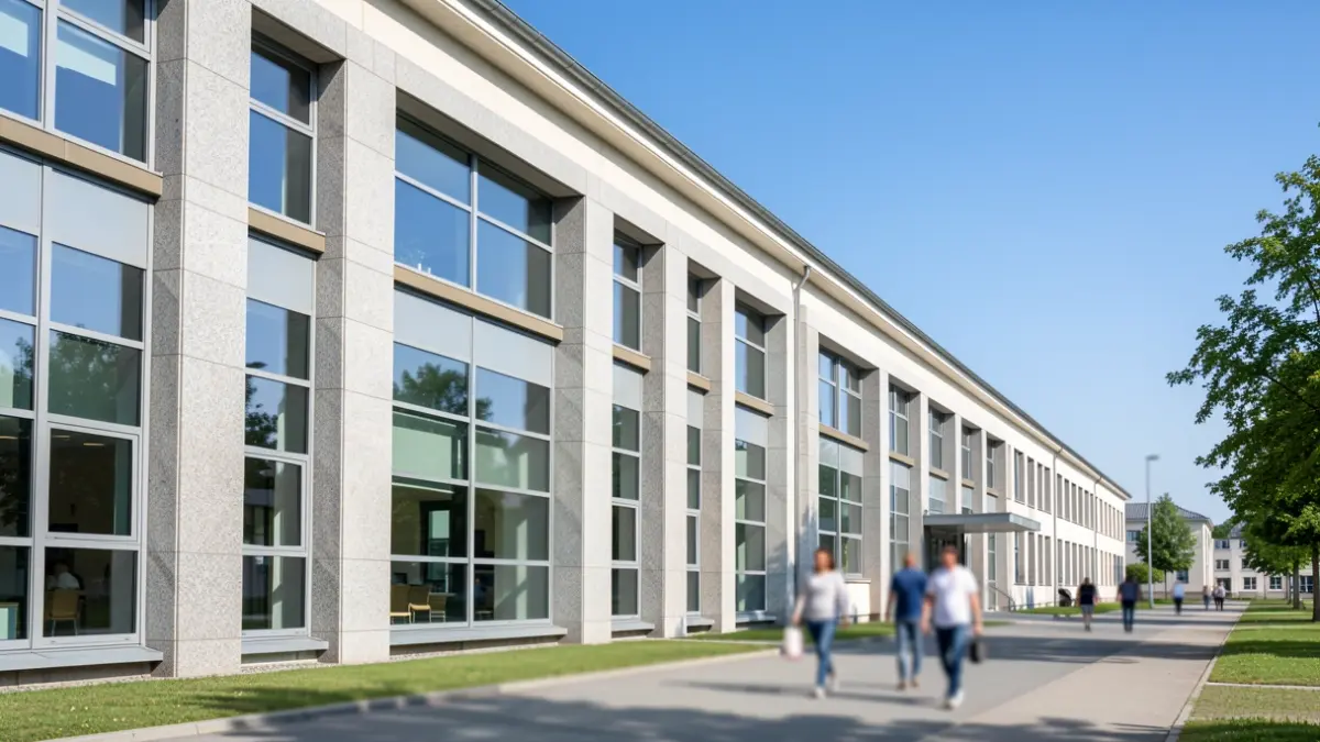 Imaxe xenérica dun edificio universitario moderno con detalles de granito e ceo azul.