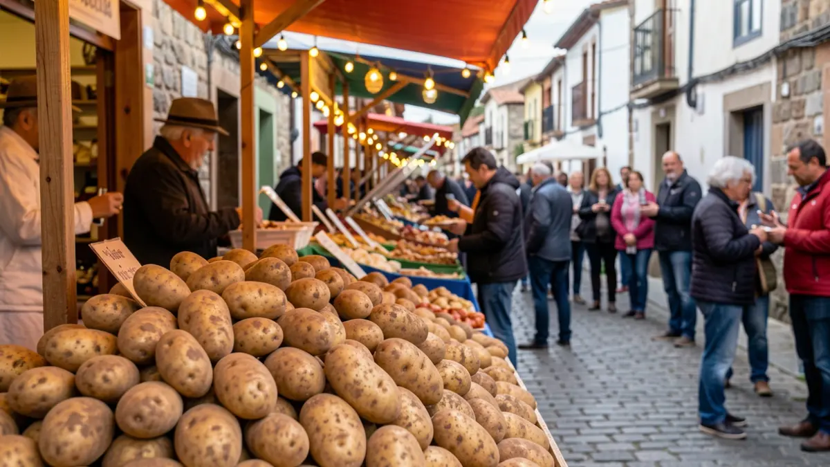 Imagen de un puesto de patatas en la Festa da Pataca de Vilar de Barrio, con gente disfrutando de la música y la comida.