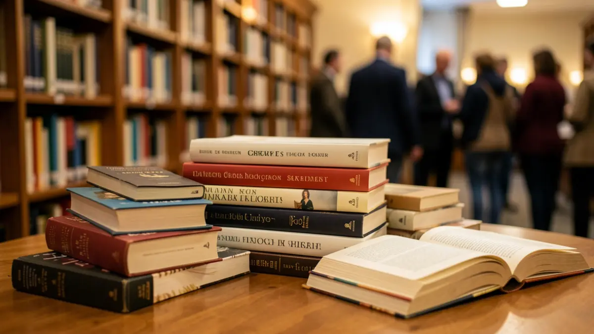 Imaxe xenérica de libros nunha mesa de madeira, con estanterías de biblioteca desenfocadas ao fondo.