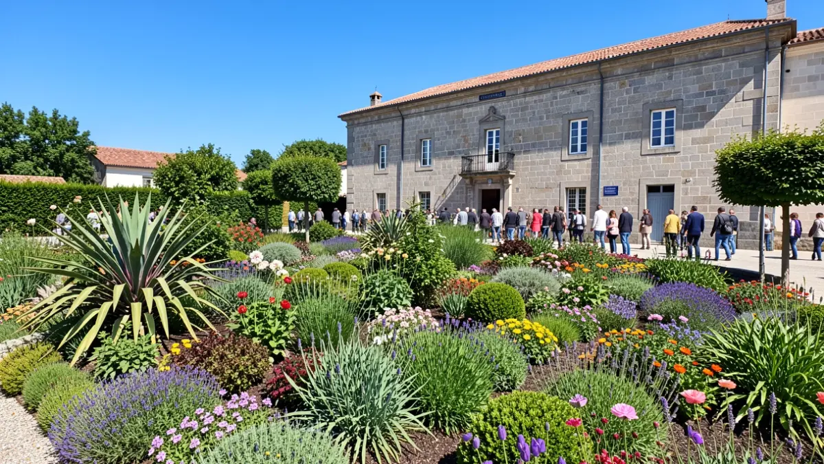 Imagen genérica de jardín municipal con diversidad de plantas y edificio de granito al fondo.