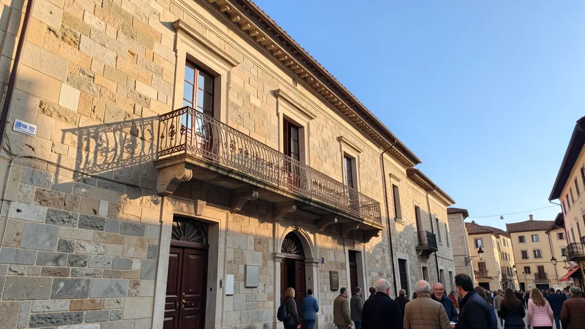 Fachada do Concello de Vimianzo, un edificio de granito con balcón e reixas de ferro, baixo a luz do sol da tarde.