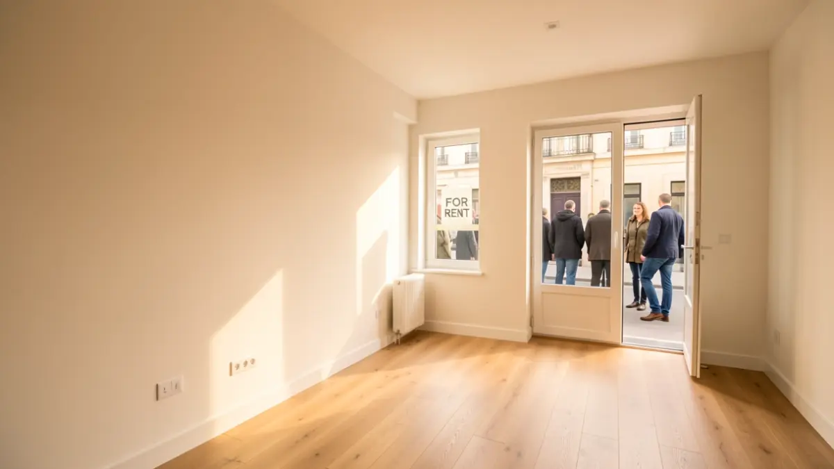 Imagen de interior de vivienda renovada en Galicia, con luz natural e indicación de alquiler.