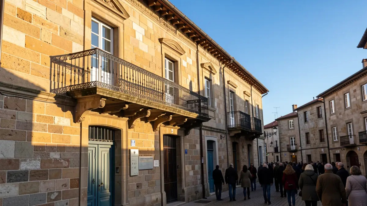 Generic image of a stone Town Hall facade with an ornate balcony and blue sky.