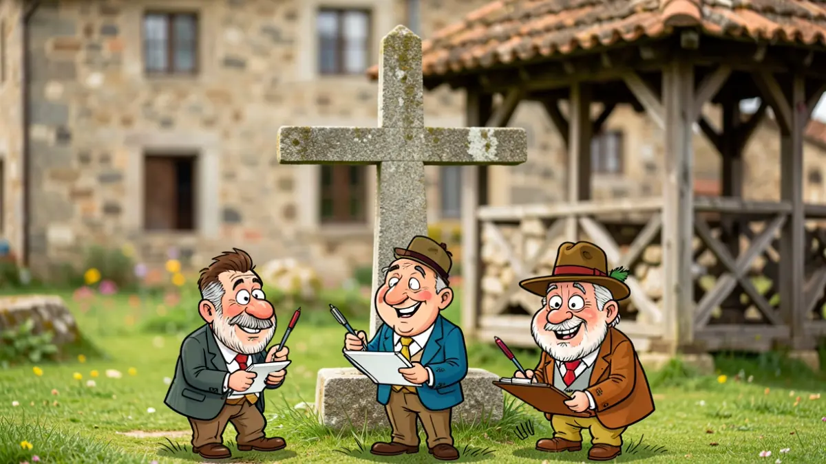 Imaxe xenérica de tres humoristas gráficos con bolígrafos diante dunha paisaxe galega estilizada cun cruceiro e un hórreo.