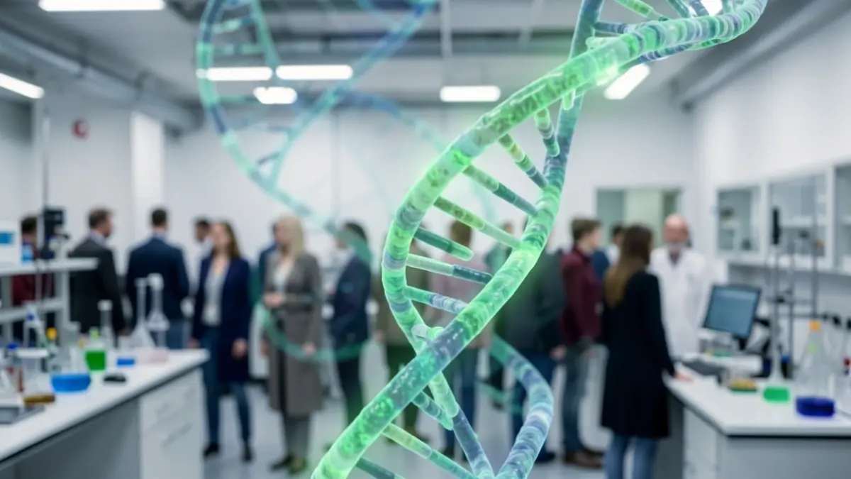 Imaxe dunha hélice de ADN cun brillo sutil, sobre un fondo desfocado dun laboratorio moderno.