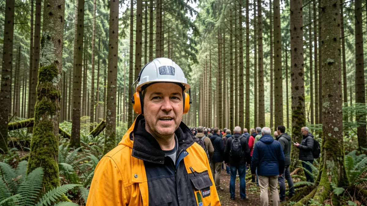 Generic image of a forest worker with safety equipment in a forest.