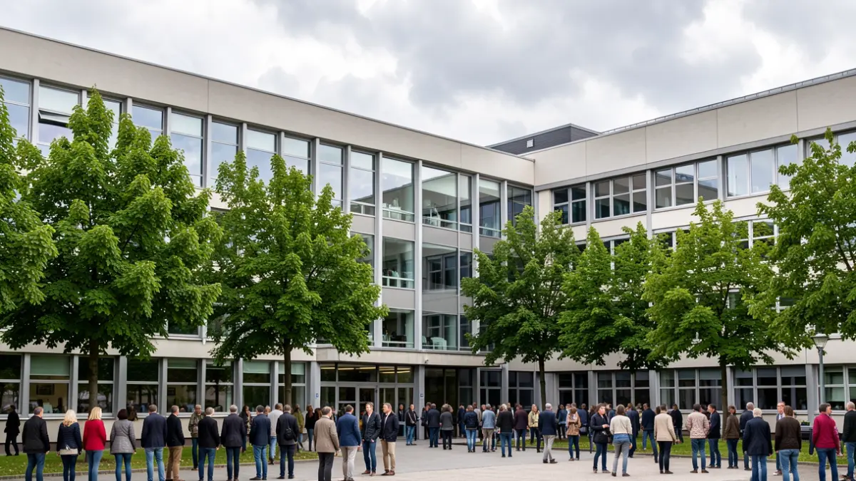 Imagen genérica de un edificio universitario moderno con grandes ventanales y árboles delante, bajo un cielo nublado.