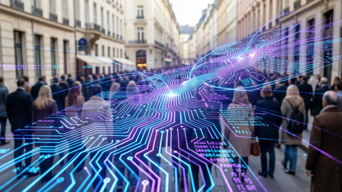 Imaxe xenérica de innovación tecnolóxica con liñas de código e patróns de circuítos.