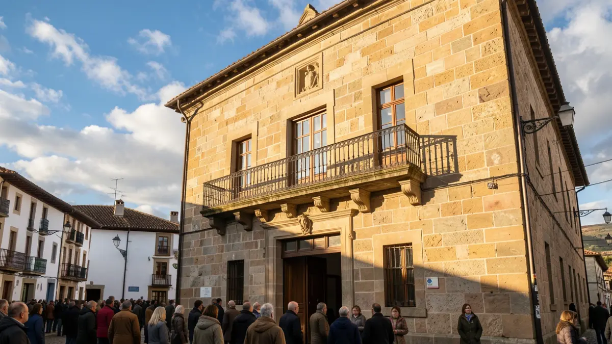 Fachada dun concello de pedra tradicional galego con balcón e reixas de ferro. Luz de tarde.