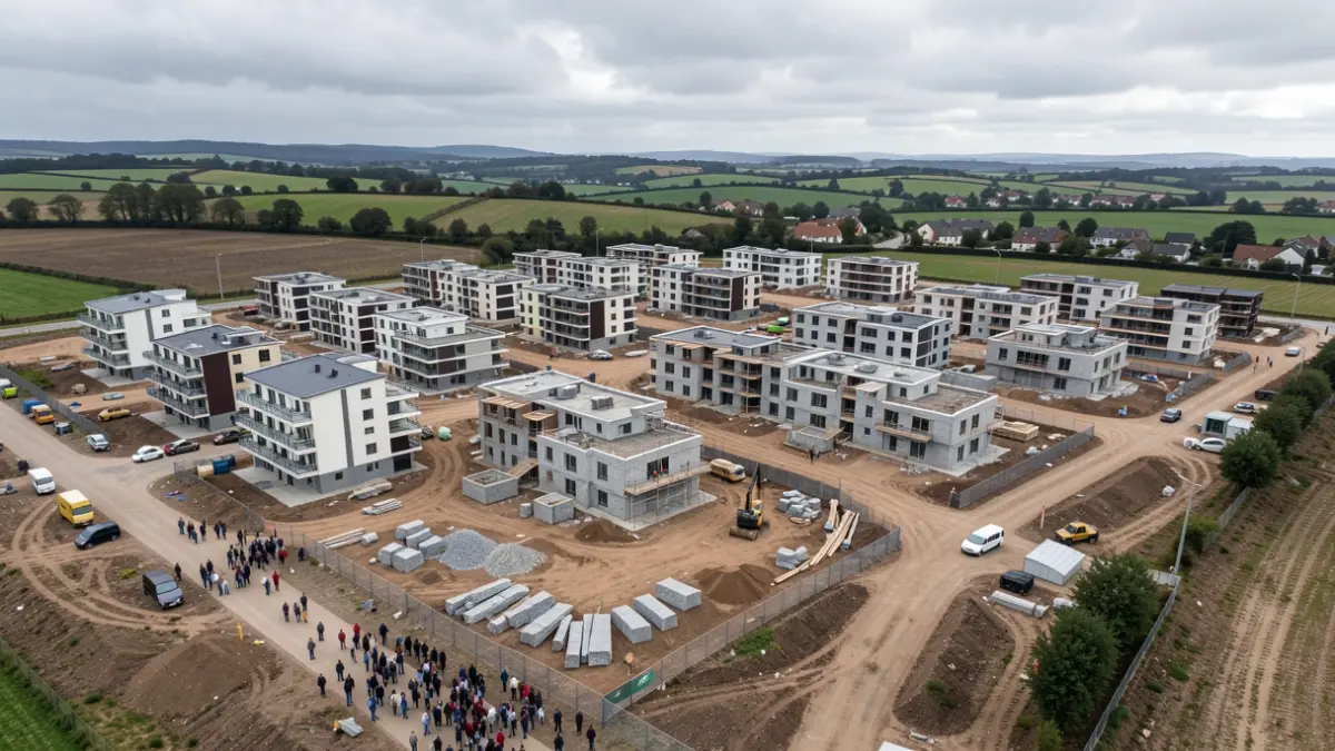 Vista aérea dun desenvolvemento residencial con edificios de vivendas en construción en Galicia.