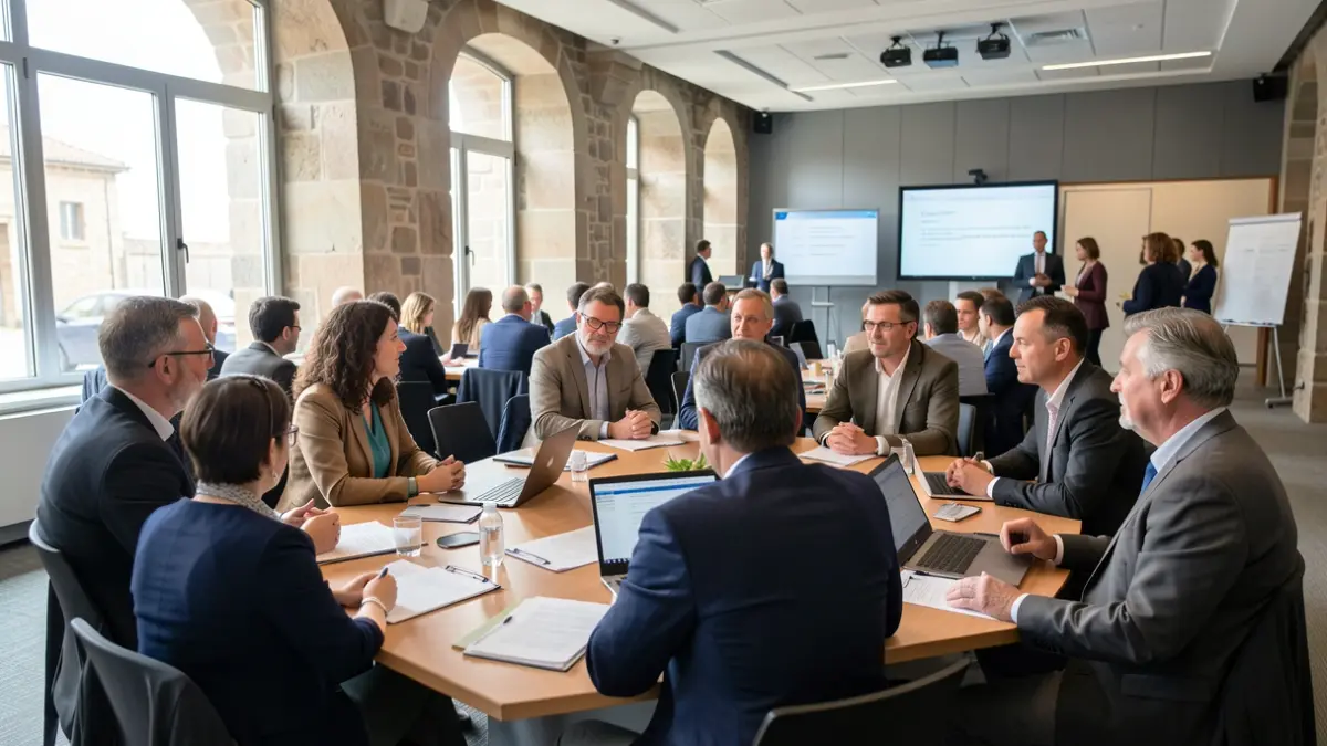 Imagen genérica de profesionales reunidos en una sala de jornadas, con elementos arquitectónicos gallegos sutilmente presentes.