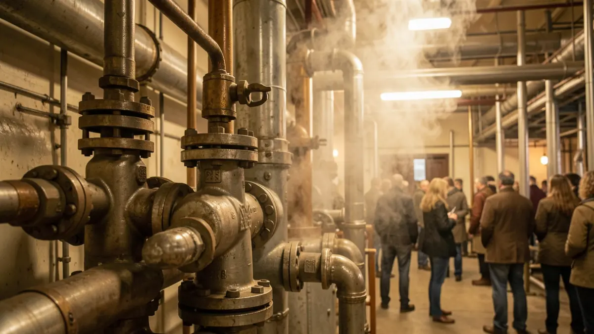 Imaxe xenérica de tubaxes industriais e válvulas nunha sala de caldeiras, con vapor ascendendo sutilmente.