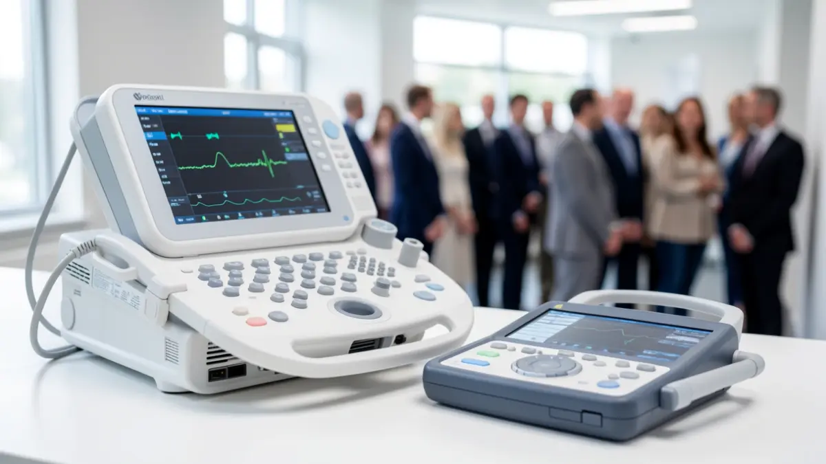 Imaxe xenérica de equipamento electromédico avanzado, incluíndo un ecógrafo portátil e un desfibrilador.