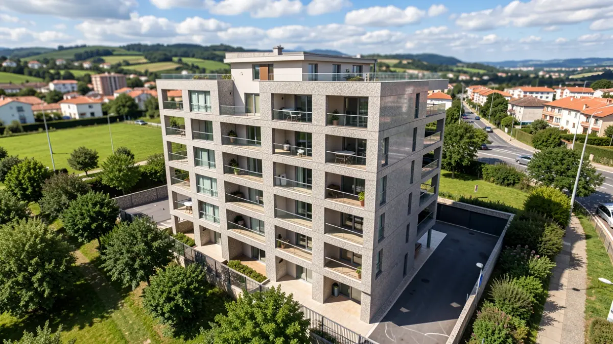 Vista aérea de un moderno edificio residencial de granito con balcones en Galicia.