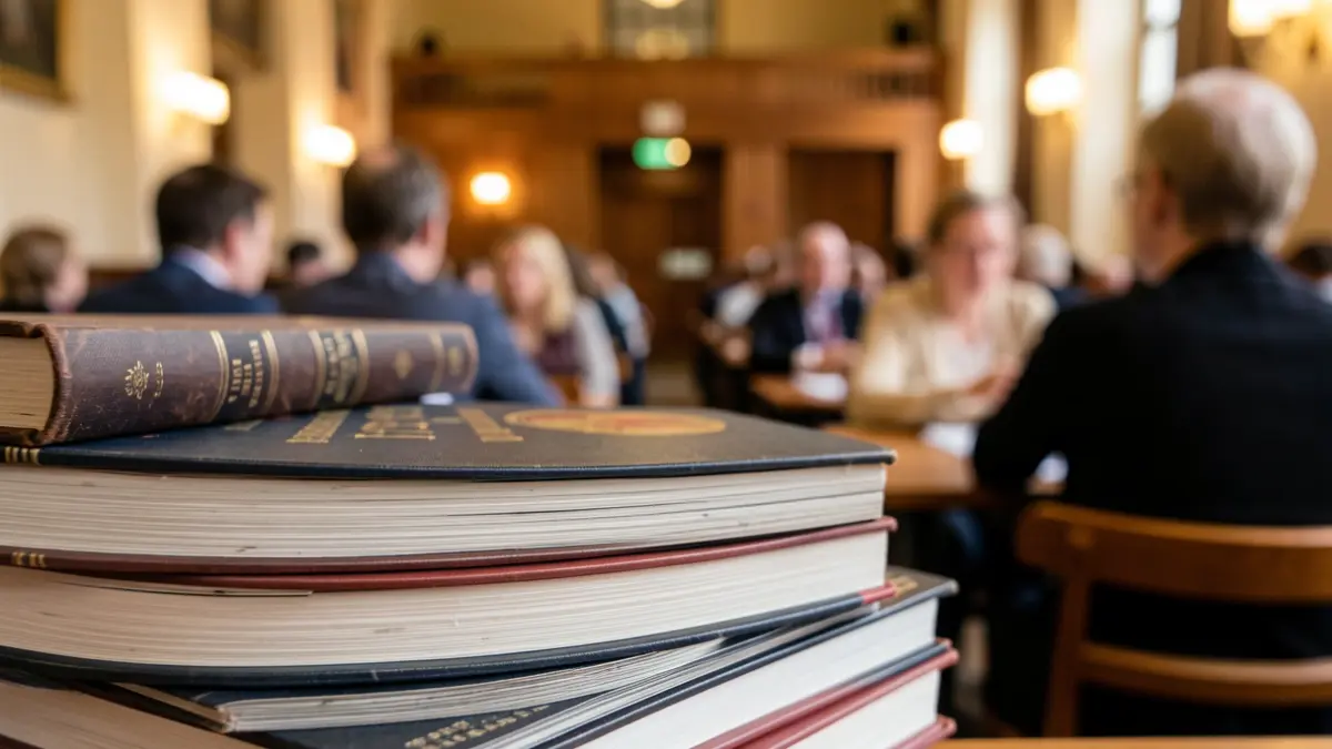 Imaxe xenérica de libros académicos nunha sala de conferencias.